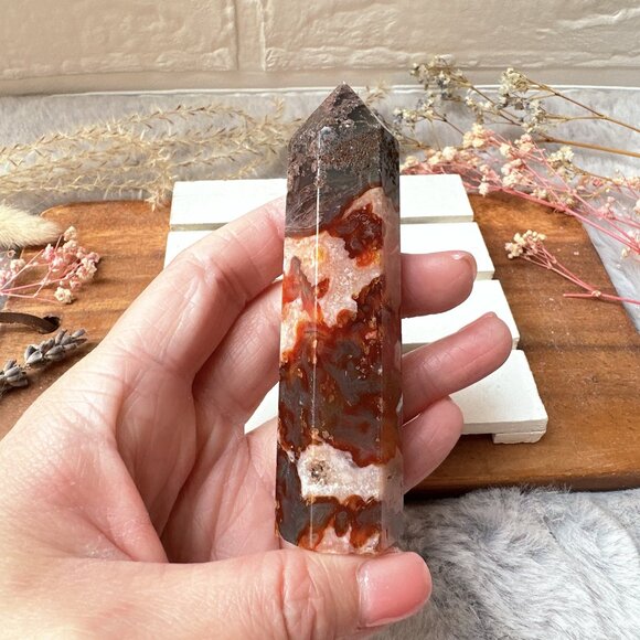 Beautiful Small Red Moss Agate Tower Obelisk - Picture 7 of 7